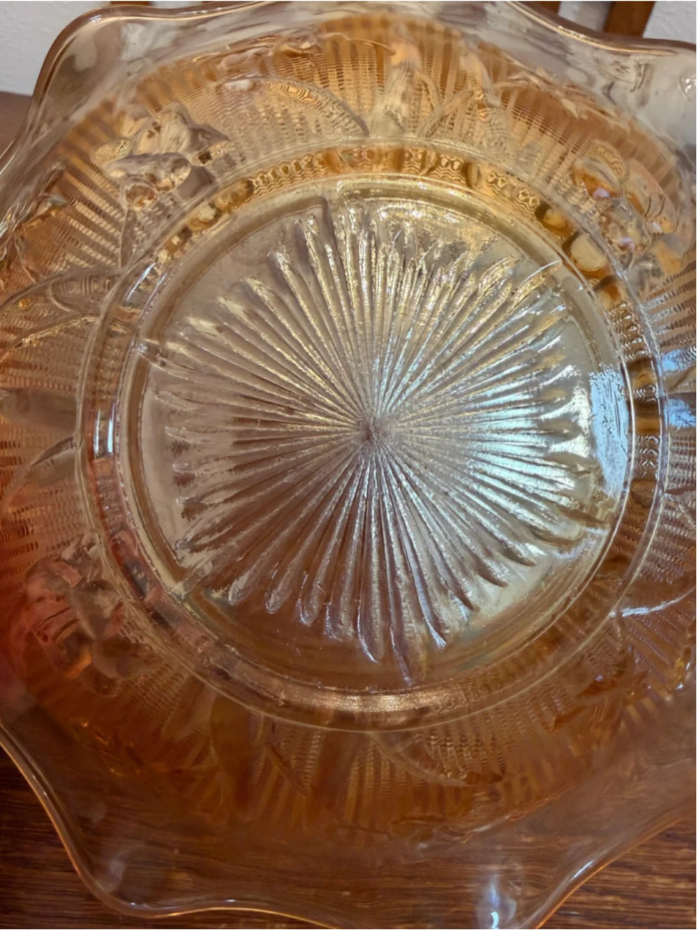 Vintage Amber Depression Glass Ruffled Console Bowl Etched Floral Serving -CH